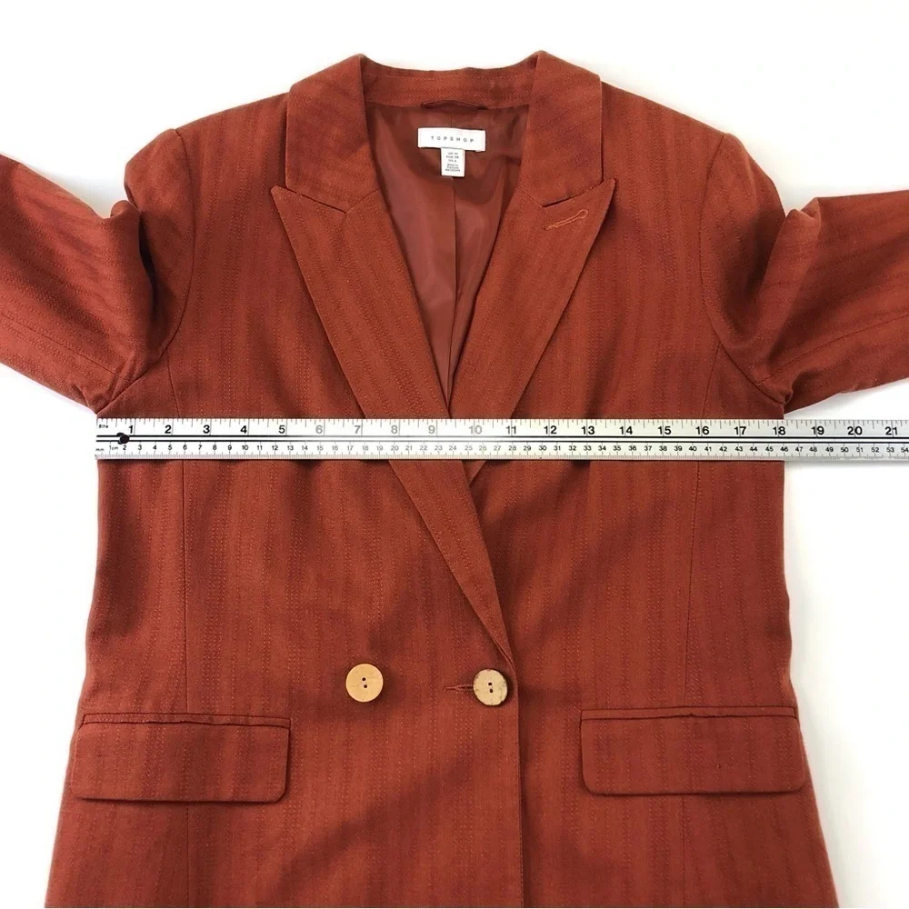 Topshop Rust Self Stripe linen blend double breasted notched collar blazer 6 - Picture 7 of 16